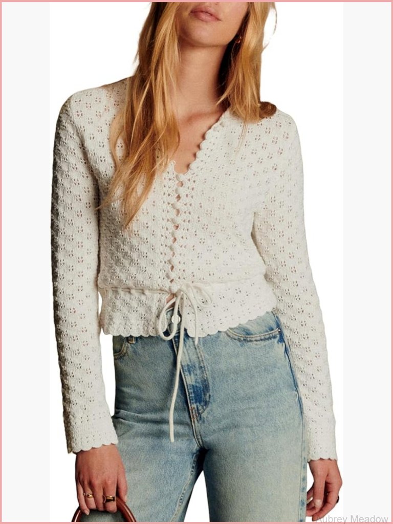 Casual Crochet Cardigan Long Sleeve Crewneck Lightweight Knit Tie Front Sweater